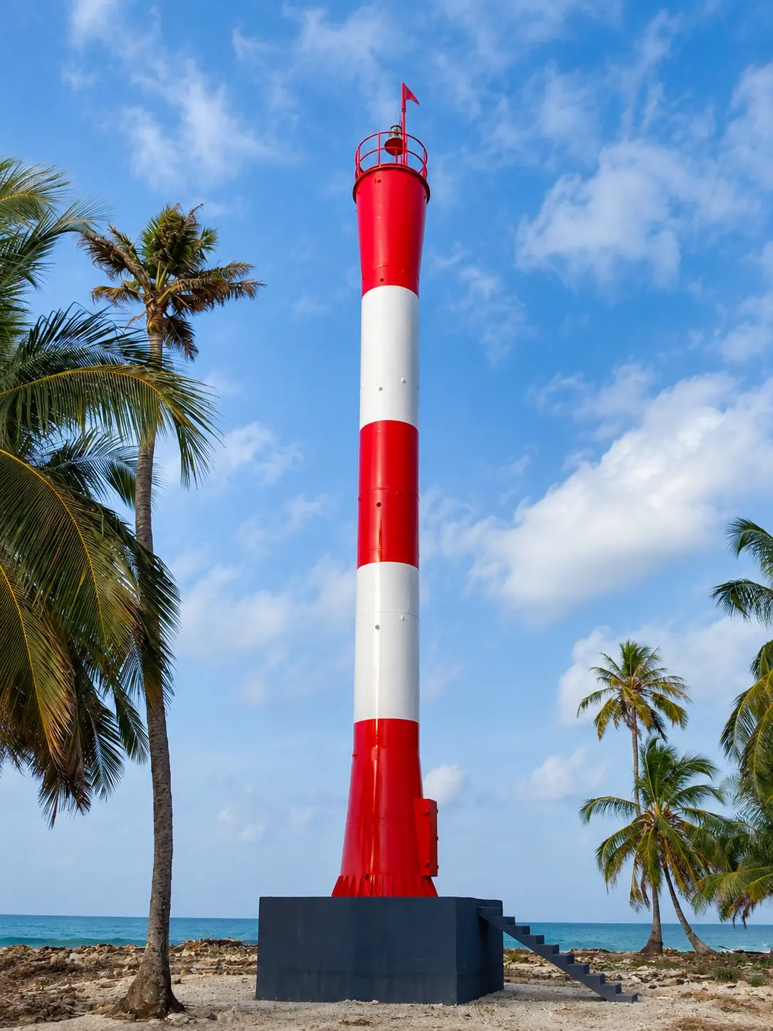 Faro iluminado en isla, obra de señalización marítima